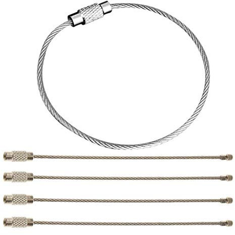 Peakpet Schlüsselanhänger aus Drahtseil rostfreier Edelstahl Schlüsselanhänger 2 mm dickes Stahlseil Gepäckanhänger Multifunktions-Schlüsselanhänger mit Schraubverschluss in Silber 5 Stück, 15 cm Läng
