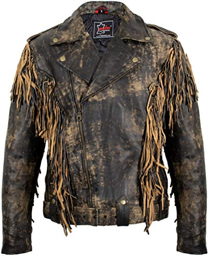 Chopper Giacca in pelle con frange in vera pelle look vintage, vintage marrone, 3XL