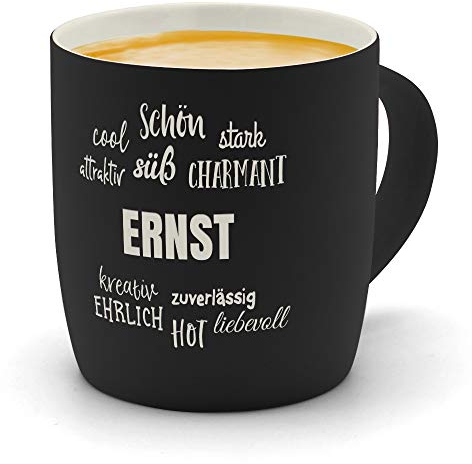 printplanet - Kaffeebecher mit Namen Ernst graviert - SoftTouch Tasse mit Gravur Design Positive Eigenschaften - Matt-gummierte Oberfläche - Farbe Schwarz