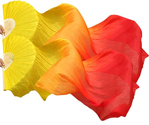 KIKIGOAL 1 Pair(Left+Right) Women Real Silk Belly Dance Fan Veil, Length 180cm Width 90cm (gradual yellow)