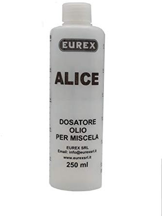 Eurex srl Dosatore Olio per Miscela 250 ml Personalizzato con Il Tuo Nome: Alice. Completo di Tappo, Scala Graduata e percentuali 2-4% 2,5-5% 3-6% (1)