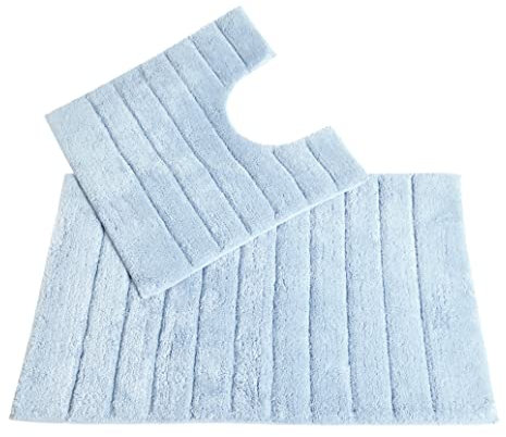 Allure Ribbed Design 2 Piece Bath and Pedestal Toilet Mat Set, 100% Cotton (Baby Blue)