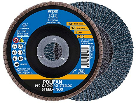 PFERD Fächerscheibe POLIFAN 5 Stück | Ø 125 mm, Z 40, konisch, PSF STEELOX | 69398192 – für Stahl und Edelstahl (INOX)