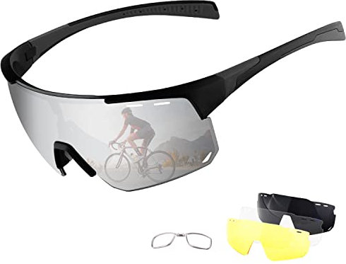 DUDUKING Sportbrille Fahrradbrille für Herren und Damen mit 4 Wechselobjektiven TR90 UV400 Schutz Windschutz Radsportbrille für Fahren Angeln Glof Baseball Laufen Wandern