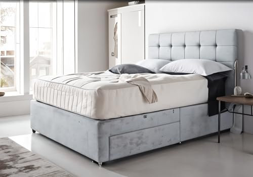 Divan Beds Deals | Deep Comfort Silver Crushed Velvet Divan Double Bed | Bed Frame With 10 Spring Memory Foam Mattress | Storage 2 Drawers and 20” Cube Headboard