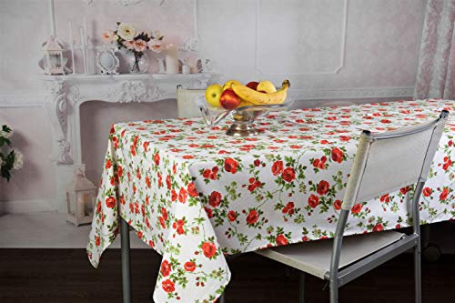 HomeLife Quadratische Tischdecke aus Baumwolle, 140 x 140 cm, für 4 Sitzer, rechteckige Tischdecke, weiße Tischdecke mit rotem Rosen-Muster