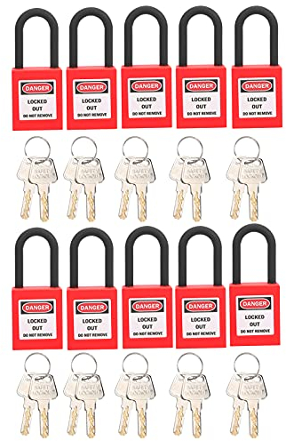 Oreilet 10pack Candado de Seguridad, Cerraduras de Bloqueo y Etiquetado, Industrial Plásticos Bloqueo con Llave, Bloqueo de Aislamiento Industrial con Clave, Lockout Tagout Padlock (Rojo)