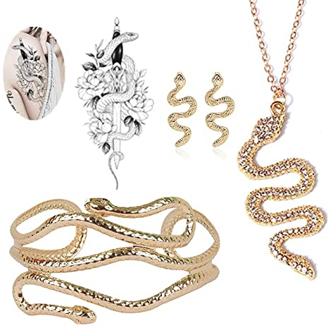 XHBTS Schlange Tattoo Sticker Chic Egypt Cleopatra Swirl Snake Armmanschette Armbinde Armband Offenes Armreif Armband Gold Strass Schlangenanhänger Halskette und Ohrringe Y-förmige Halskette