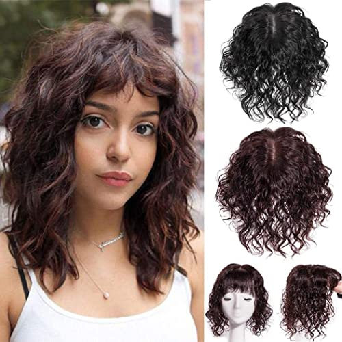 Eree Hair Lockiger Echthaar-Topper 11,9 x 14 cm U-förmiger Silikonboden, Haaraufsatz für Frauen mit dünnem Haar, gewellte Clip-in-Haarverlängerung, Top-Haarteil, Damen-Toupet, 35,6 cm, Rotbraun
