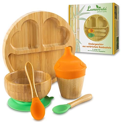 LUMOVERDA Kindergeschirr-Set aus Bambus, melaminfrei – Baby-Geschirr rutschfest – Kinderteller mit Saugnapf (extra groß), Müsli-Schüssel, Trinklernbecher, 2 Löffel