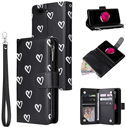 UEEBAI Wallet Case for iPhone 7 Plus/iPhone 8 Plus, Premium Vintage PU Leather Magnetic Closure Handbag Zipper Pocket Case Kickstand Card Holder Slots Wrist Strap TPU Shockproof Flip Cover - Black