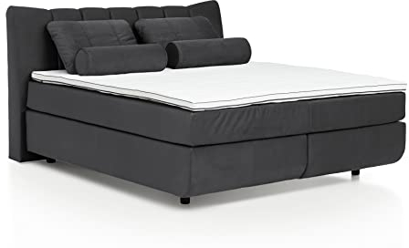 Mivano Free Boxspringbett mit Durchgehender Matratze (H3) und Premium Topper, Velours Cosy Dunkelgrau, Liegefläche 140 x 200 cm