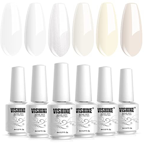 Vishine 6 Stück Nagellack, semi-permanent, milchweiß, semi-permanent, natur, French Gel, Milky White, Nail Art, Gel, Weiß, UV, LED, Soak Off, Gel, Maniküre, 8 ml