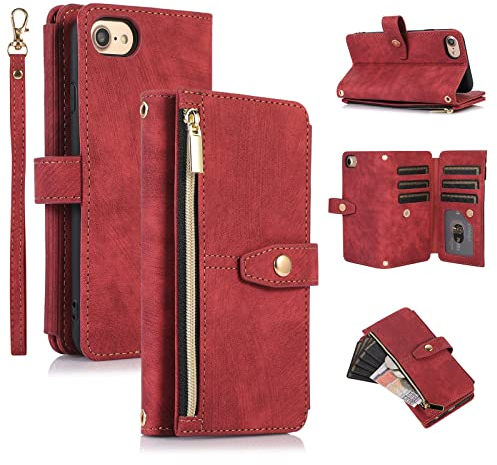 UEEBAI Hülle für iPhone 7 Plus/iPhone 8 Plus, 9 Kartenfäche Retro Leder Geldbörse Stoßfest Flip Case mit Handschlaufe Standfunktion Reißverschluss Handyhülle Magnetverschluss Wallet– Retro Rotwein