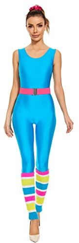 MIAIULIA Damen 80er-Jahre-Trainingskostüm-Outfit, 80er-Jahre-Zubehör-Set, Gymnastikanzug, Neon-Leggings, Stirnband, Armbänder, Blauer Strampler, Medium