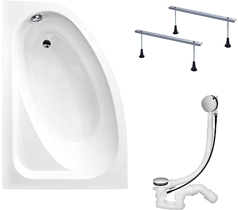 KOLMAN Badewanne CORNEA Eckbadewanne 150x100 Links ohne Verkleidung, Ablaufgarnitur und Füßen Komplettset 3in1 Premium Original Acryl Wanne Siphon