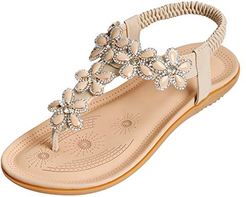CARETOO Damen Sandalen Sommer Flip Flops PU Leder Böhmische Stil Flach Zehentrenner, Beige, 42 EU
