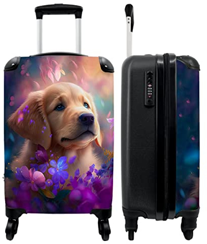NoBoringSuitcases© maleta de Mano, maletas de viaje, maletas cabina | 55x35x20 cm - Se ajusta al tamaño de la maleta de cabina 55x40x20 - Perro - Cachorro - Sol - Flores - Golden retriever