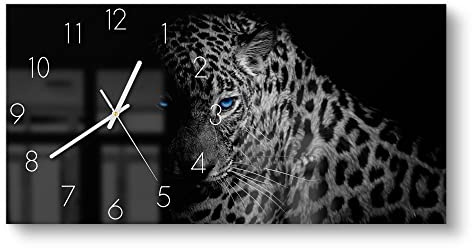 DEQORI Glasuhr | vertikal 60x30 cm | Motiv Leopard mit blauen Augen | große XXL Design Uhr aus Glas | leise Wanduhr für Wohnzimmer & Küche | moderne Hingucker Uhr für die Wand