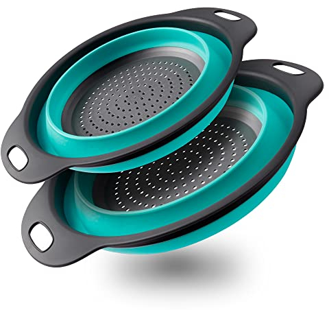 2 Pièces Passoire Passoir Set, Passoire Pliable Cuisine Silicone Passoir avec Poignée, Silicone Passoire Économisez de l'espace pour Cuisine Extérieur Camping, Compris 2 Tailles Bleu 30 CM et 25 CM