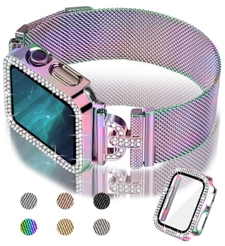 Joyozy Magnetic Band Compatible with Apple Watch Band 38mm 40mm 41mm 42mm 44mm 45mm 46mm Milanese Strap with Bling Case and Screen Protector, Dressy Stainless Steel iWatch Loop for Women (Rainbow