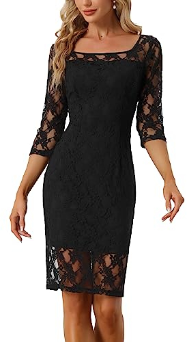 Allegra K Disfraz de Navidad Vestido de Encaje Manga 3/4 para Mujer Escote Cuadrado Midi Recto Cansado Negro S