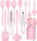 Küchenhelfer Set, 12-teiliges Silikon Kochutensilien Kochbesteck Set, Hitzebeständiger Kochgeschirr mit Utensilienhalter, Antihaft Kochset Küchenutensilien, Spülmaschinenfest - Rosa
