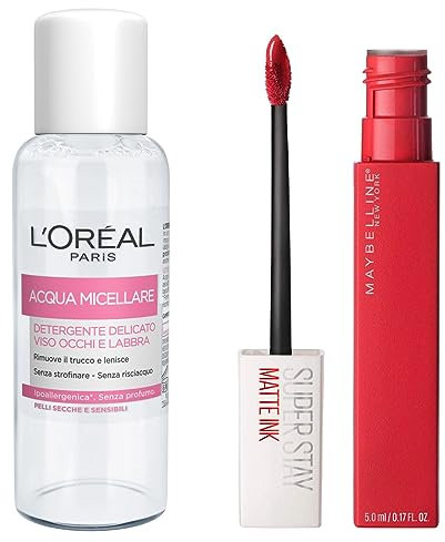 Maybelline New York SuperStay Matte Ink Lippenfarbe mit deckendem Effekt, Farbe 20 Pioner + Mizellenwasser, sanftes Reinigungsmittel für Gesicht, Augen und Lippen, Reisegröße, 30 ml