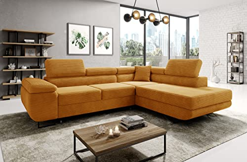 Easy4You Ecksofa Senf Avatar Kord L-Form – 277x73x203 cm - Schlafsofa mit Bettkasten und Schlaffunktion - Eckcouch mit Stauraum – Links – Stoff Kord POSO 01