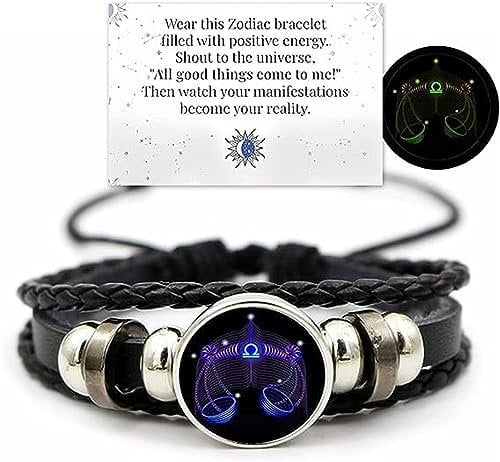 Ashopfun Zodiac Signs Spirit Bracelet,Handmade Woven Multilayer Adjustable 12 Constellation Zodiac PU Leather Bracelets Unisex,Glow in the Dark Zodiac Jewelry Gifts For Women Men (Libra)