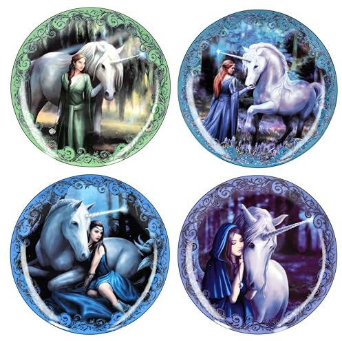 Figuren Shop GmbH Set di 4 piatti – Unicorni con bellezze by Anne Stokes | Piatti Fantasy Magie