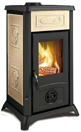 Briconess.com Stufa a Legna con Struttura in ghisa e Rivestimento Esterno in maiolica Sistema di Post combustione 6 kw Gemma Liberty Nordica - White