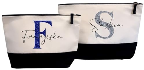 Personalisierte Kosmetiktasche - Schminktasche personalisiert - Kosmetikbeutel - Geschenk Freundin - Geburtstagsgeschenk - (Natur/Schwarz, S)