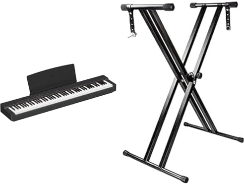 Yamaha P-225 Digital Piano, Schwarz & RockJam Double Braced Adjustable Keyboard Stand with Locking Straps