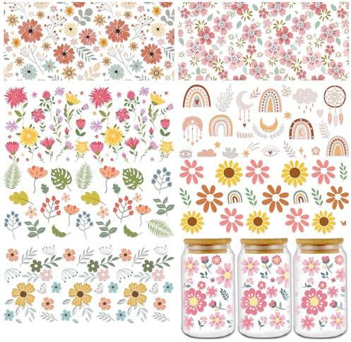 Rngmsi UV DTF - 8 hojas de flores UV DTF envolturas para tazas de 16 onzas, bohemias, arcoíris, girasol, UV, DTF, personalizadas, impermeables, para tazas, vasos de vidrio, manualidades de madera