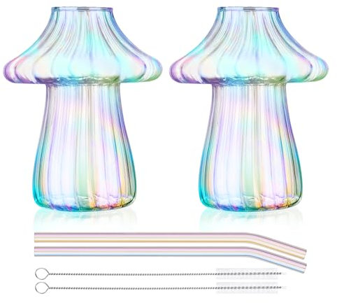 NiHome Cocktail-Glasbecher mit gestreiftem Design, Pilz-Cocktailbecher mit passenden Strohhalmen, 473 ml, großes Fassungsvermögen für Getränke, vielseitig einsetzbar als elegante Dekoration oder