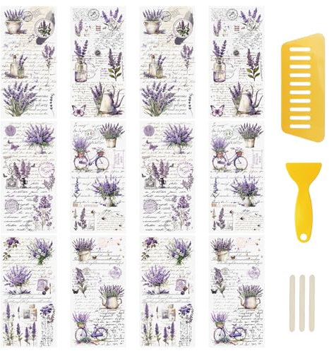 WANDIC 12 Bögen Retro-Aufkleber zum Aufreiben, Lavendel-Aufkleber, Violette Blumen-Aufkleber, wasserfest, Blumenaufkleber mit Copywriting für Grußkarten