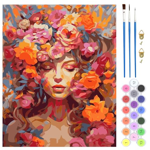 QENSPE Pintura por Números para Adultos, kit de Pintar Sobre Lienzo para Adultos, Kit de Pintar por Números con Pinceles, Pintura de Dibujo con Pigmentos Acrílicos, 40x50 cm (Chica y Flor)