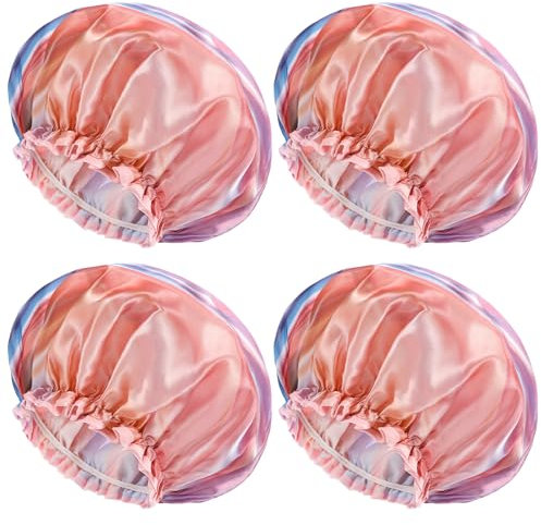 mikimini Large Shower Cap for Women Long hair, 4 Pack, Pink Fashionable, Double-layer Waterproof, Reusable, Washable,X-Large (Pack of 4)