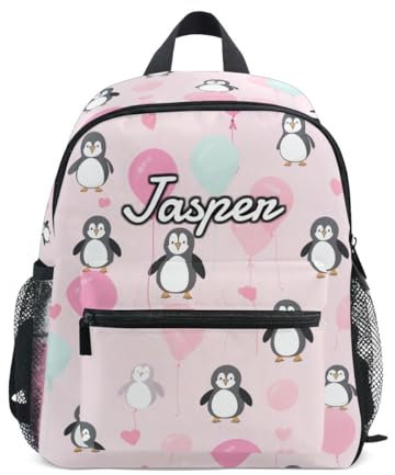 CHIFIGNO Personalisierte Kinder-Rucksäcke, Schulrucksack für Mädchen, Jungen, Niedliche Pinguine und Luftballons auf rosa, Small
