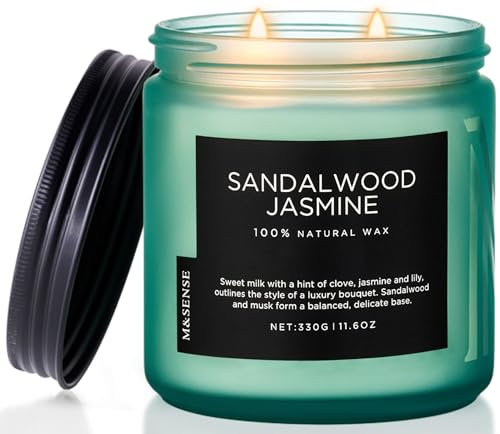 M&SENSE Sandelholz Jasmin Duftkerze im Glas 330g 2 Baumwolldochte dekorative Kerze für Zuhause Geschenk 70 Std. Brenndauer natürliche Sojawachskerze