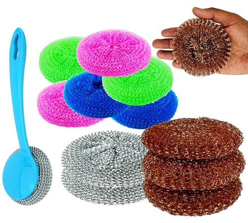 Lot de 12 éponges à récurer de cuisine – Anti-rayures avec recharge en maille de cuivre PP et brosses en acier – Outils de nettoyage robustes pour casseroles, poêles, grills, ustensiles de cuisine