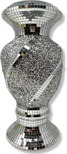 Crushed Diamond Sparkle Vase, Silver Ceramic Floral Sculpture, 25cm, Glittering Mirrored Centrepiece (Silver, 30cm.)