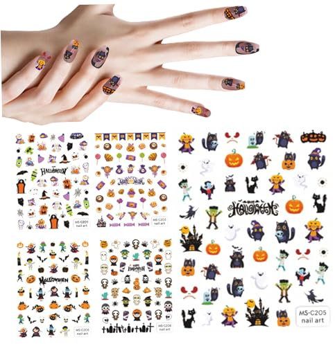 Halloween Nail Wraps, Halloween Nail Stickers 5PCS 3D Cartoon Skull Evil Goth Nail Stickers Self-Adhesive Halloween Nail Wraps Waterproof Halloween Decals for Nails, Goth Nail Stickers