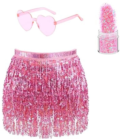 Goldener Glitzer Rock Damen Bauchtanz Hüfttuch Glitzer Rock Glitzer und Brille Karneval QuastenRock für Damen (DE/NL/SE/PL, Alphanumerisch, Einheitsgröße, Regular, Regular, Rose)