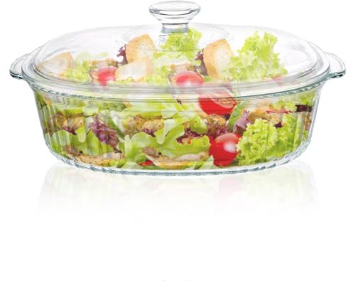 Oungy Auflaufform Glas mit Deckel 3L Oval Glasbräter mit Deckel und Griffe, 2800ml Glas Auflaufform mit Deckel Glasauflauf für 2 Personen, Mikrowellengeeignet, Ofenfest