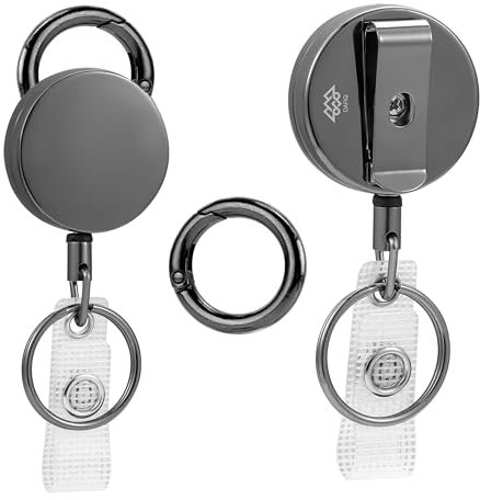 Dafiq Metall Schlüsselanhänger Ausziehbar – Karabiner & Schlüsselband für ID Badge Holder & Schlüssel | Zinklegierung, 70 cm Stahlseil, 30mm Rund | Farben: Silber & Silber-Grau (2 Silber-Grau)