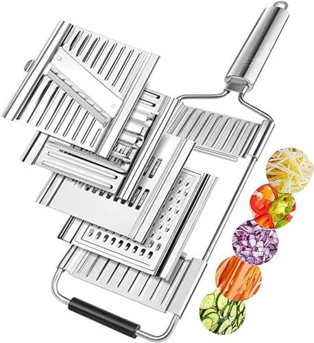 Mehrzweck Gemüseschneider, 3 in 1 Reibe, Küche Schäler Set, Edelstahl Reibe, Gemüsehobel mit 4 Cutter, Gurkenhobel, Kartoffelschneider, Einstellbares Küchenwerkzeug für Gemüse Obst Salat