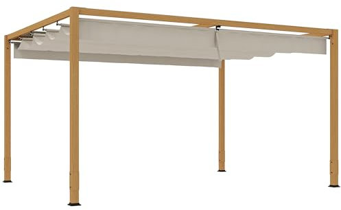 Outsunny Pergola Aluminium pergola Jardin extérieur 4 x 3 m avec Toit rétractable, système de Drainage, tonnelle de Jardin abri Soleil pour terrasse Patio véranda, Bois Naturel