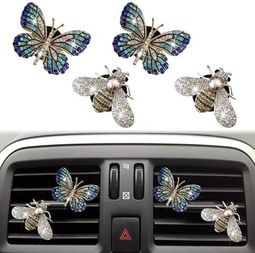 4 x glitzernde Schmetterlings-Clips, Kristall-Biene, Auto-Lufterfrischer-Clips, Auto-Diffusor, Lüftungs-Clip, Diamant-Dekoration, niedliches Innendekor, glitzerndes Zubehör für Frauen